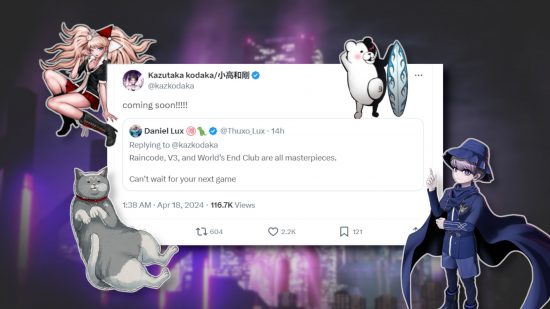 Uma captura de tela do tweet de citação de Kodaka sugerindo que um novo jogo será lançado em breve, cercado por personagens dos populares IPs de Kodaka