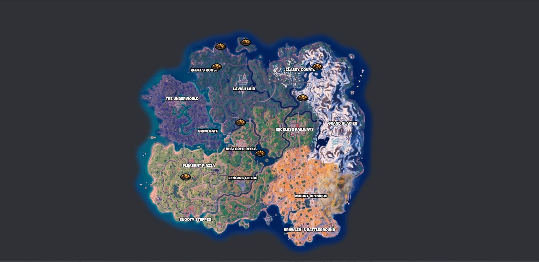 um mapa mostrando todos os locais das fogueiras em Fortnite