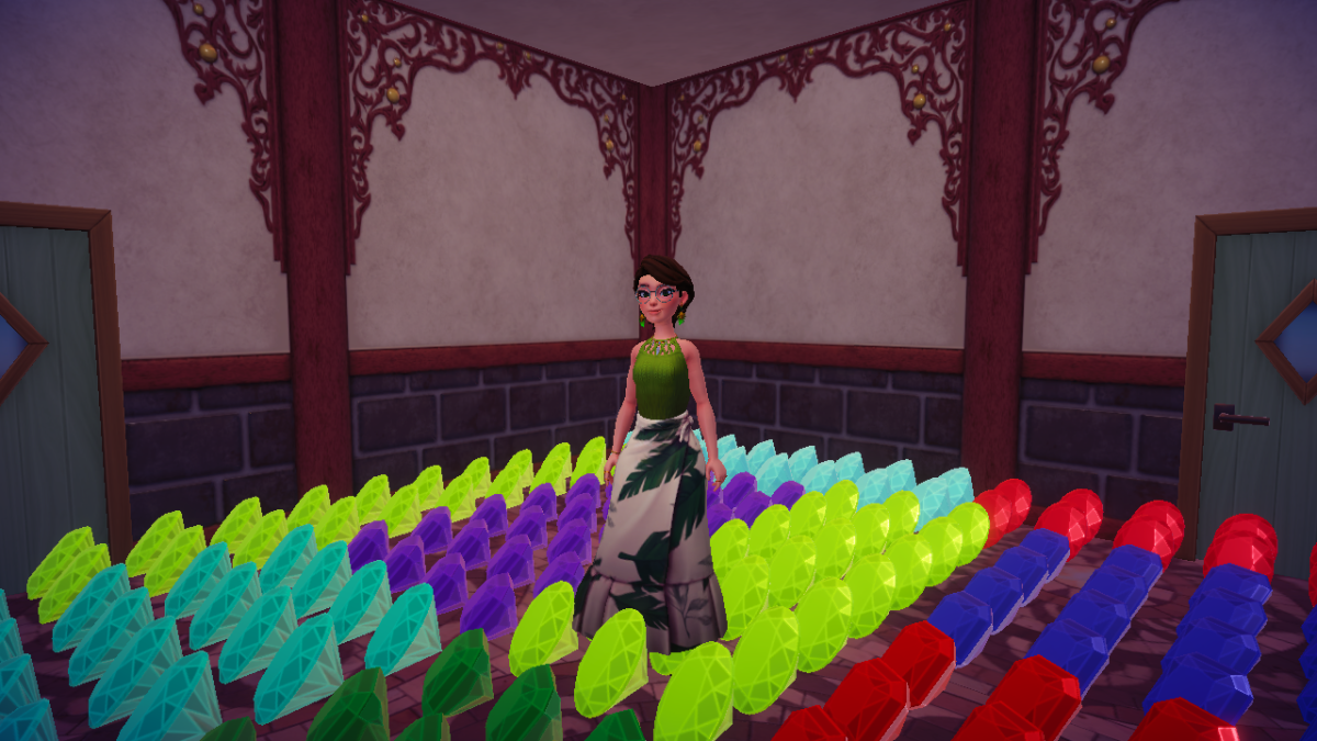 O avatar feminino do Disney Dreamlight Valley em um top verde e saia longa com um padrão de folhas fica no meio de uma coleção de joias em uma sala dentro de uma casa de presentes do Disney Dreamlight Valley.  