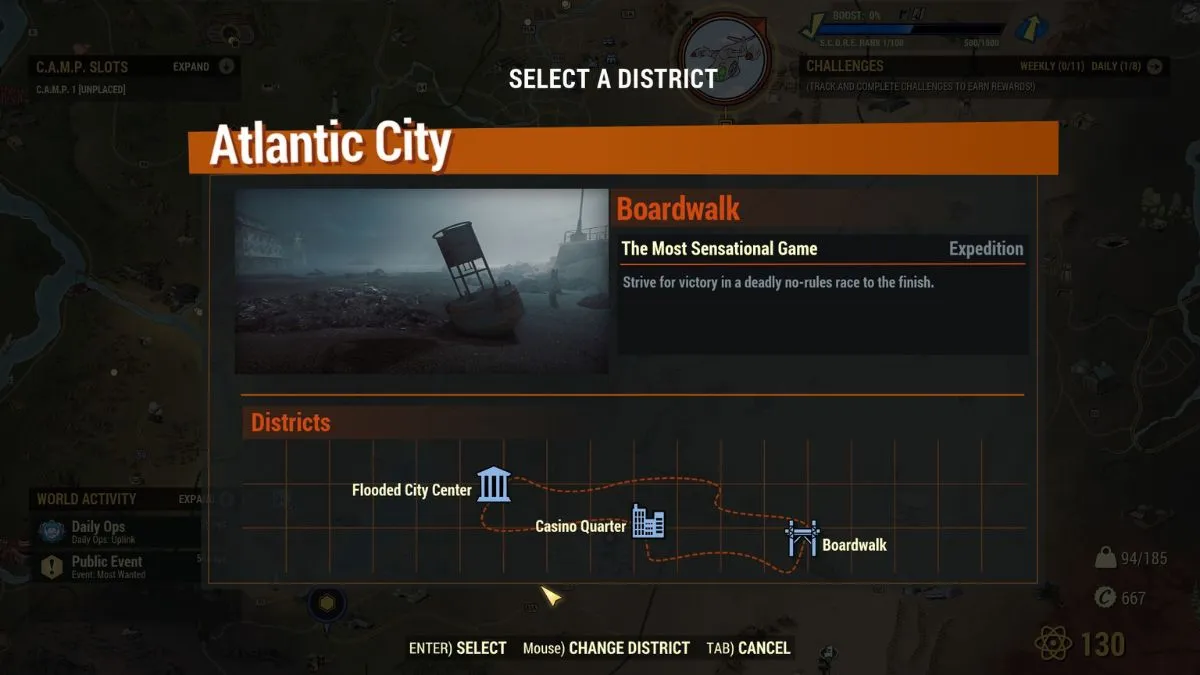Um jogador escolhendo o local de uma expedição a Atlantic City 