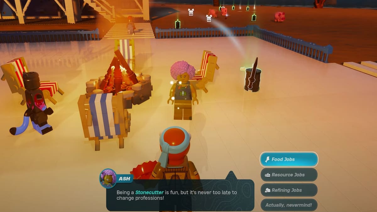 Jogador interagindo com o aldeão Ash em LEGO Fortnite