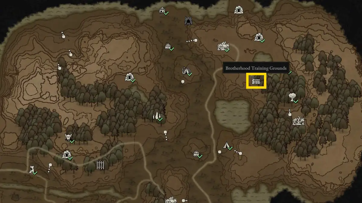 Mapa destacando o ícone do Brotherhood Training Grounds em Wartales