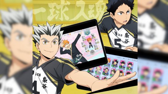 Jogos de vôlei: Bokuto e Akaashi do Haikyuu posando com iPads exibindo capturas de tela do jogo para celular Haikyuu