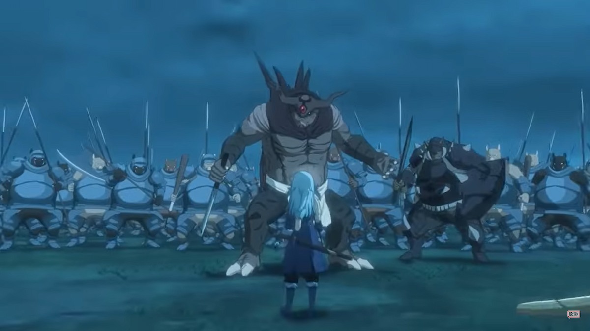 Jogabilidade de That Time I Reencarnated as a Slime.  Mostra Rimuru diante de um exército de monstros que se eleva sobre ele.