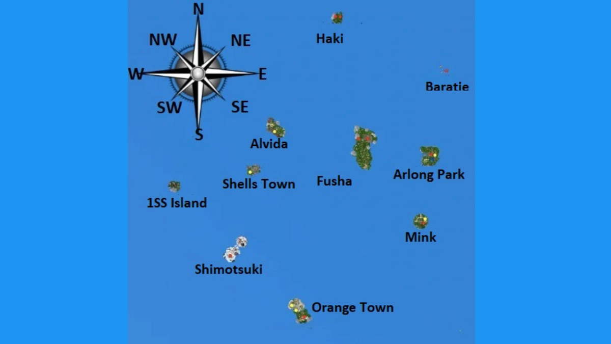 Mapa mostrando todas as localizações das ilhas em Roblox Legacy Piece