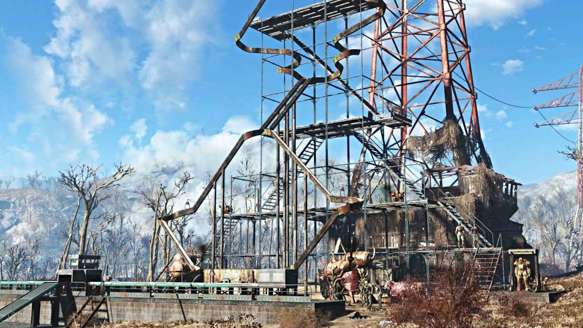 Fallout 4, um exemplo de estruturas de andaimes que você pode construir com o DLC