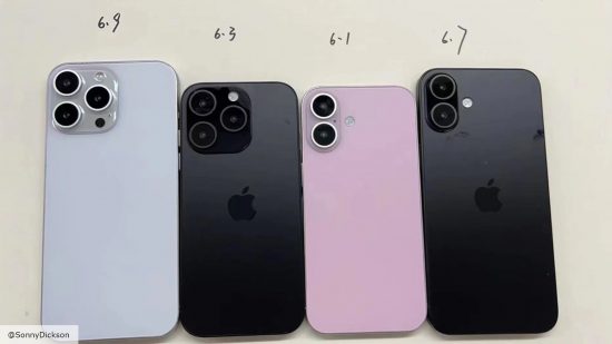 Imagem dos modelos fictícios da linha do iPhone 16 com variações rosa e violeta, cortesia de SonnyDickson no X