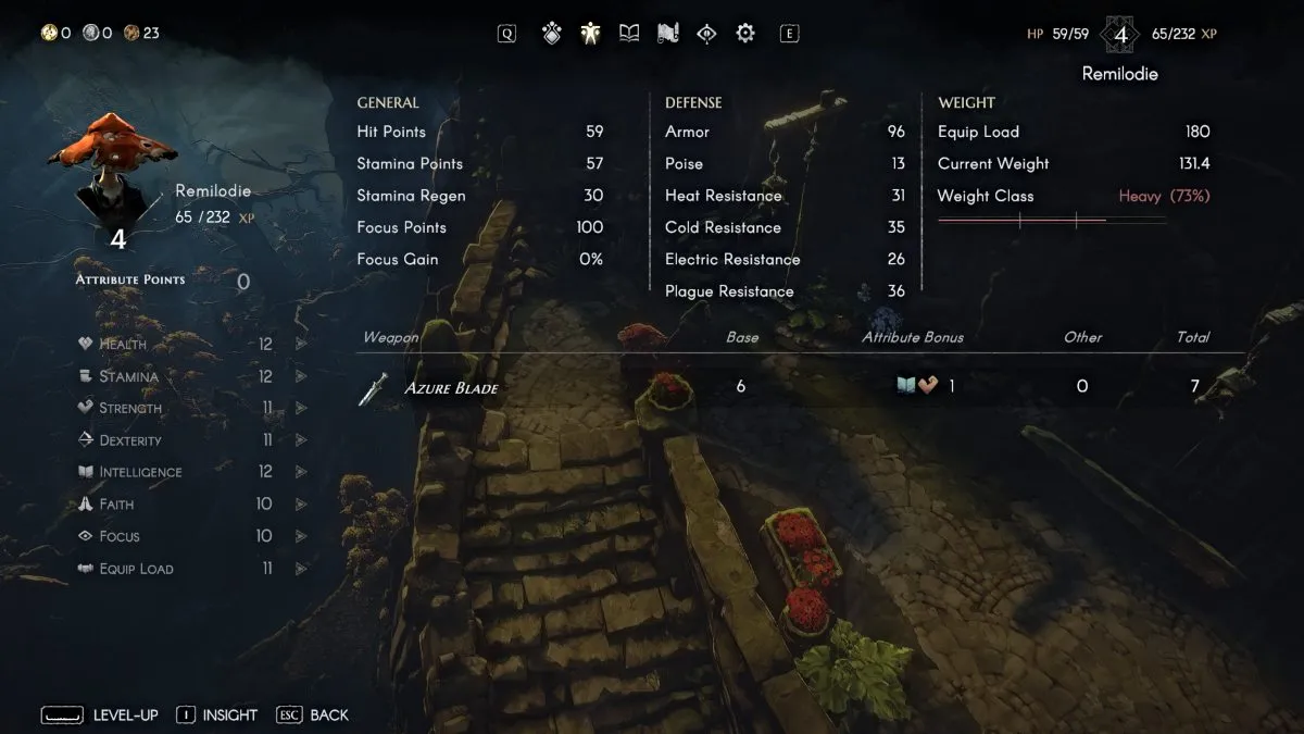 No Rest for the Wicked, o menu de estatísticas do personagem no jogo