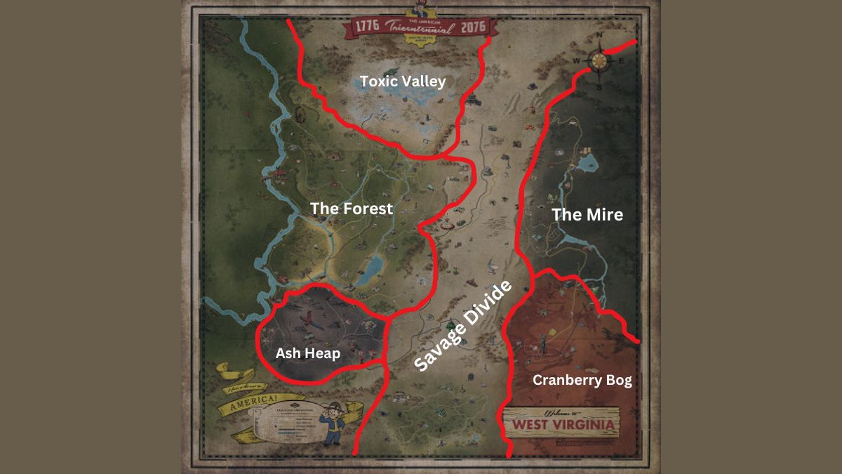 Um mapa do Fallout 76 com cada região desenhada e rotulada.