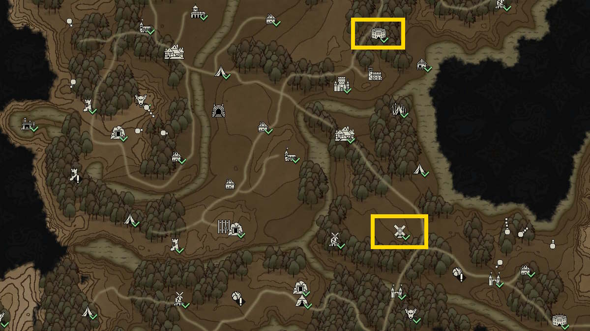 Mapa Vertruse mostrando os dois edifícios a serem visitados para a especialização Assassin em Wartales