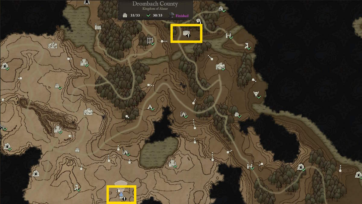 Mapa do condado de Drombach mostrando os dois edifícios a serem visitados para a especialização Brawler em Wartales