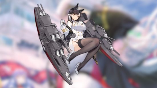 Personagens de Azur Lane, Atago, vestindo roupas brancas e pretas em um fundo desfocado