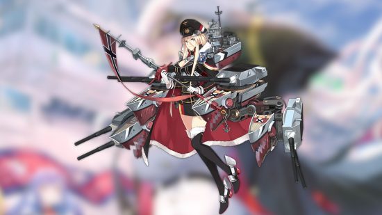 Personagens de Azur Lane, Bismarck, vestindo um uniforme militar e segurando uma bandeira