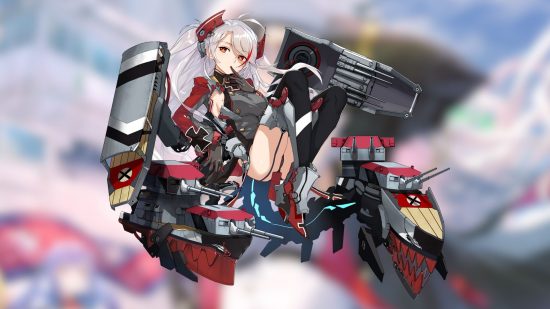 Azur Lane retrata a arte inicial de Prinz Eugen mostrando-a cercada por artilharia