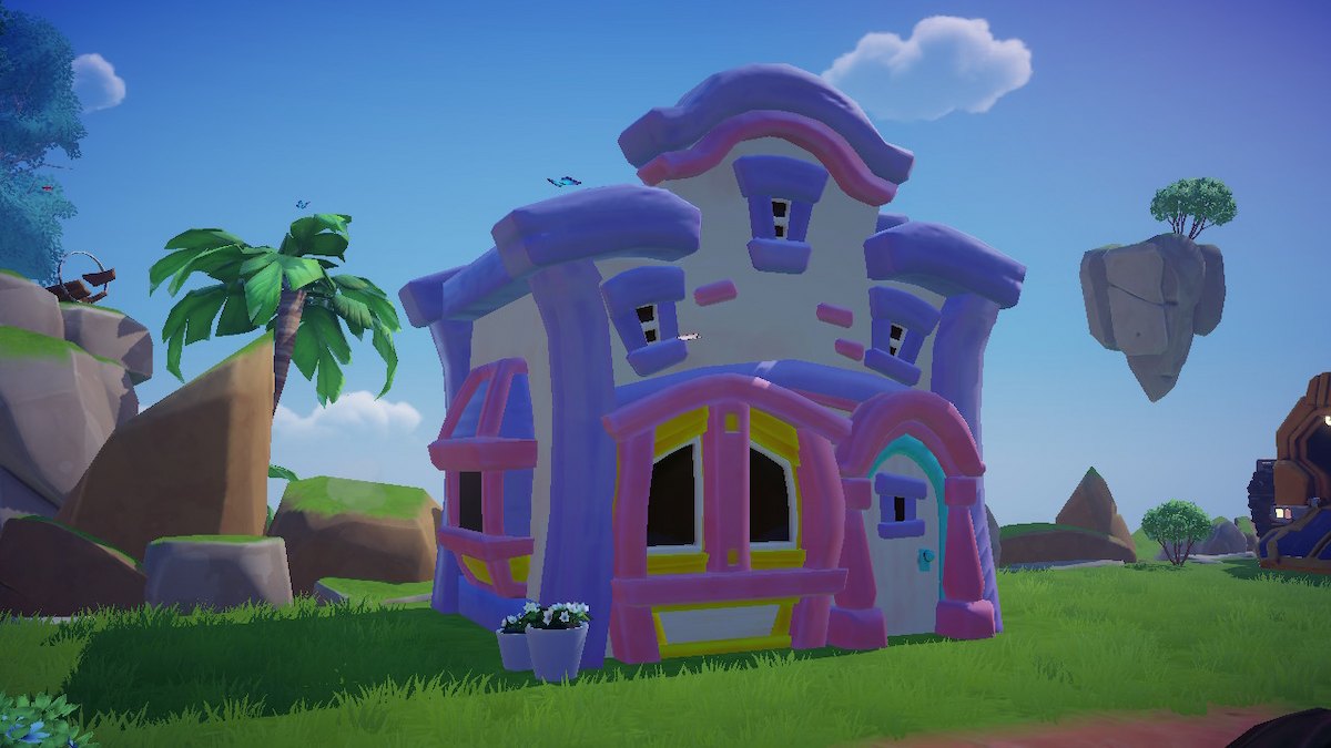 Casa de Daisy em Disney Dreamlight Valley.  Uma casa grande com detalhes em rosa e roxo.