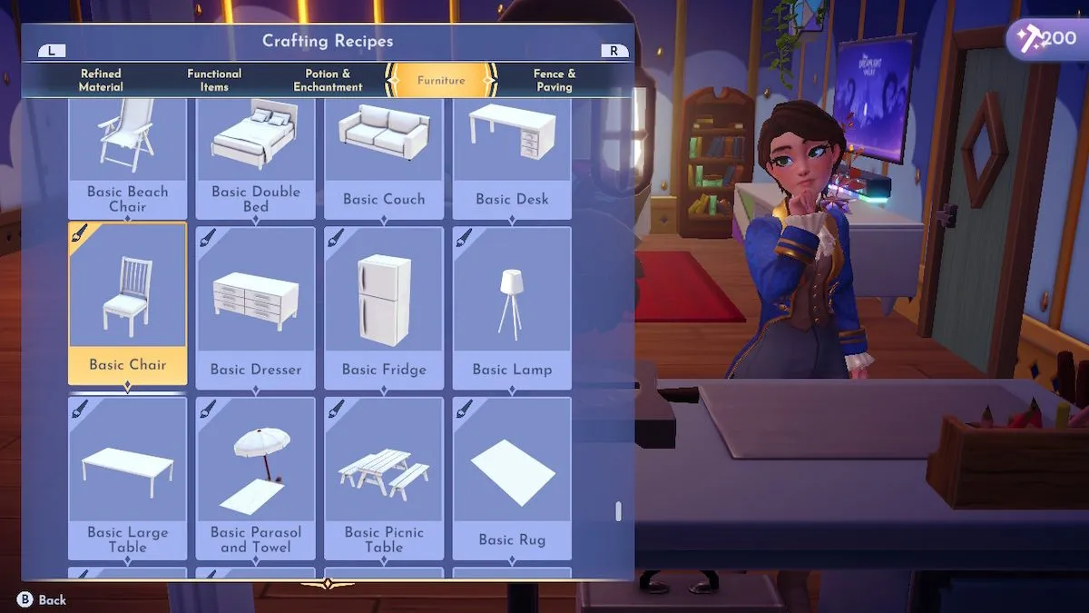 Seis dos designs de móveis disponíveis que os jogadores do Disney Dreamlight Valley podem criar usando uma mesa de trabalho.