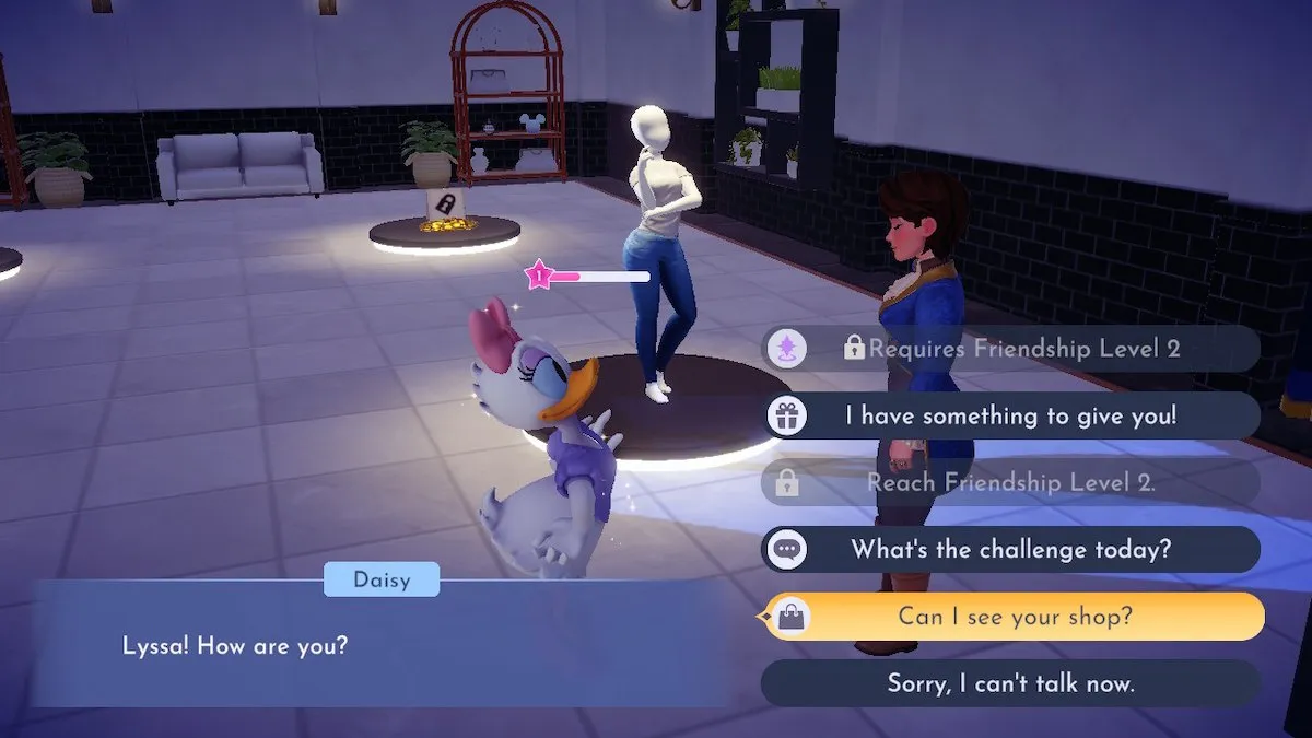 Um avatar feminino do Disney Dreamlight Valley conversando com Daisy Duck dentro da Daisy's Boutique.