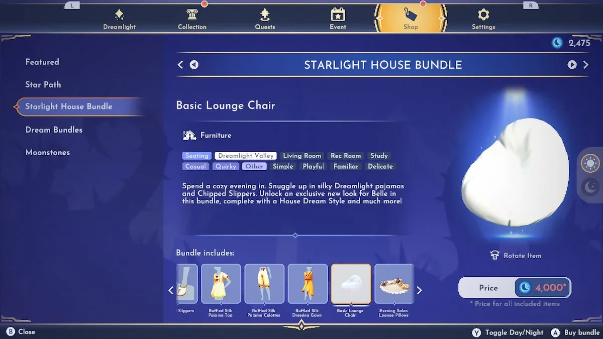 A espreguiçadeira disponível no Disney Dreamlight Valley quando um jogador compra o pacote Starlight House na Loja Premium.