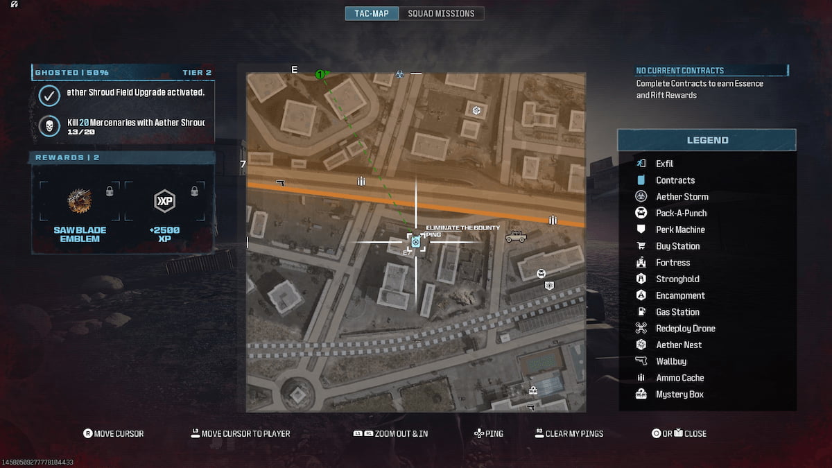 Uma imagem do mapa do jogo mostrando um exemplo de contrato de recompensa.