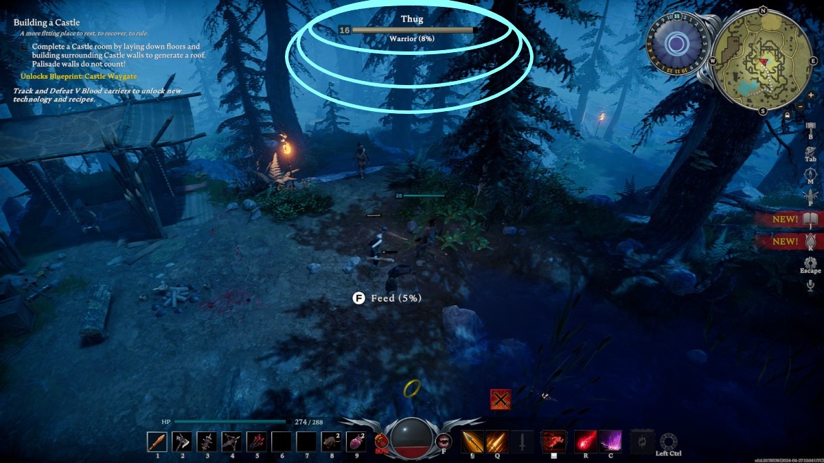 V Rising Gameplay, mostrando o combate com formas ovais indicando a saúde, o tipo sanguíneo e a qualidade do inimigo.