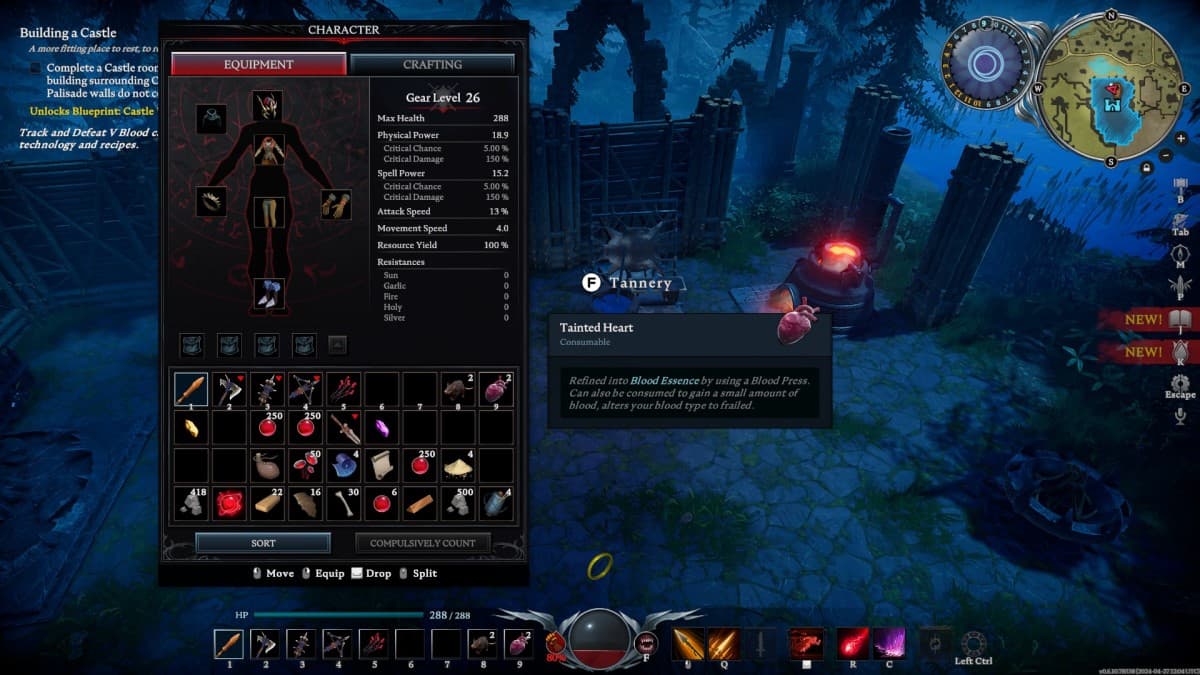V Rising, captura de tela do gameplay mostrando a tela do inventário com uma descrição de Tainted Hearts