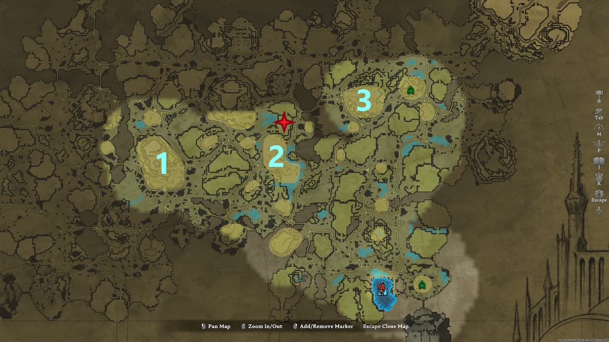V Rising, mapa de Farbane Woods com números marcando a localização de três chefes e uma estrela vermelha marcando uma área entre eles.