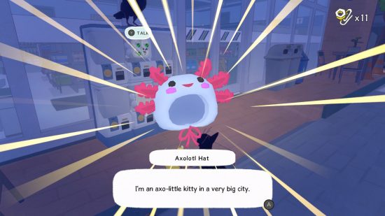 Revisão de Little Kitty, Big City – uma captura de tela minha pegando o chapéu Axolotl