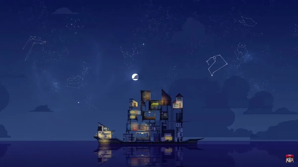 As constelações de espíritos acima do barco-casa do Spiritfarer. 