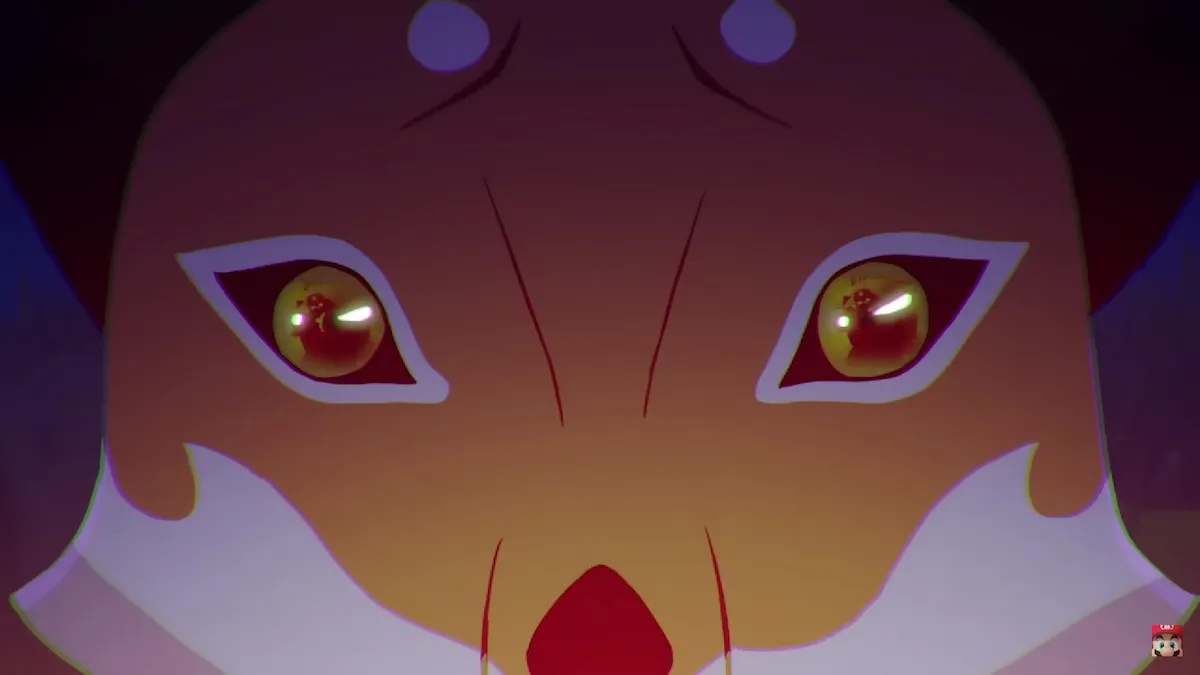Os olhos da mãe raposa refletem um caçador armado em Endling: Extinction Is Forever. 