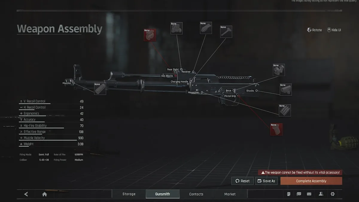 Uma vitrine de uma arma vazia no menu de modificações no Arena Breakout Infinite.