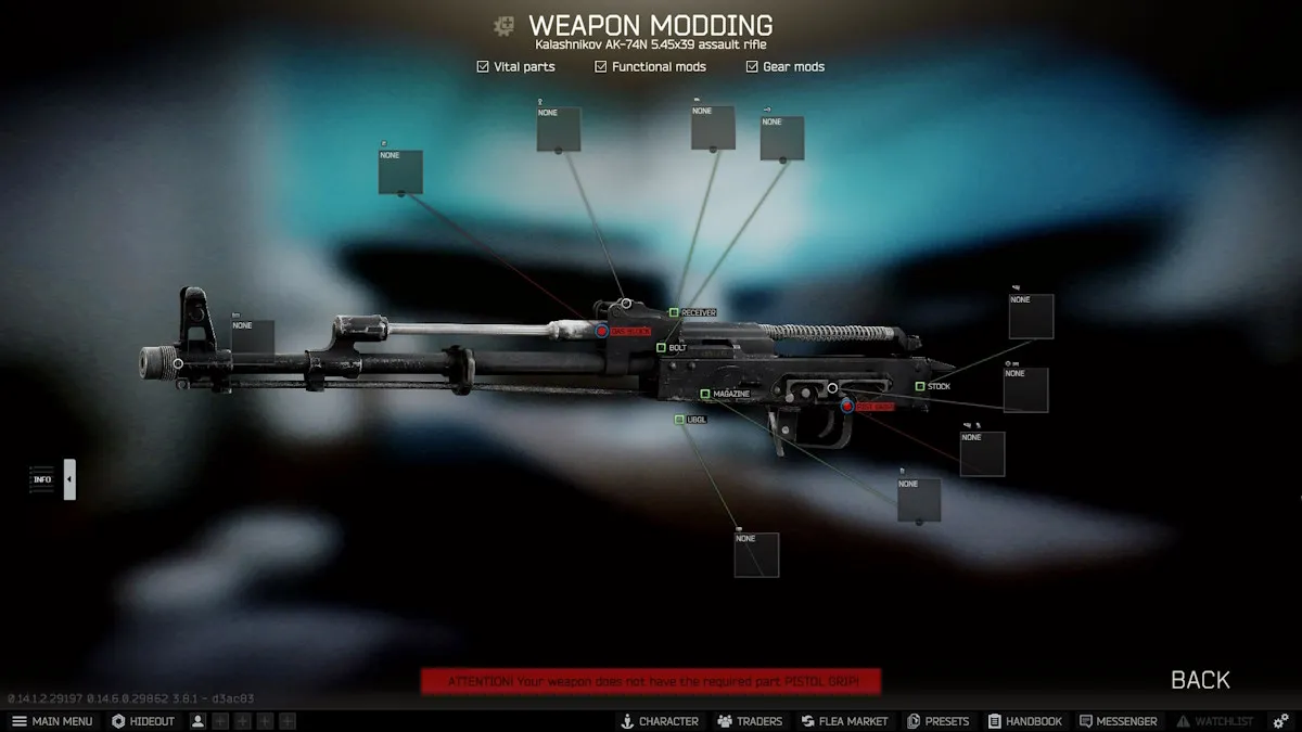 Uma vitrine de uma arma vazia no menu de modificações em Escape From Tarkov.