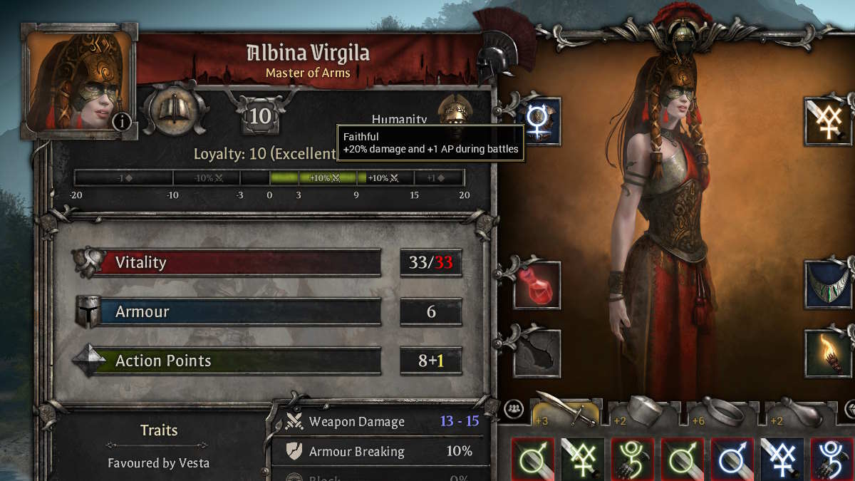 Ficha de personagem de Albina com bônus de lealdade em King Arthur: Legion IX 