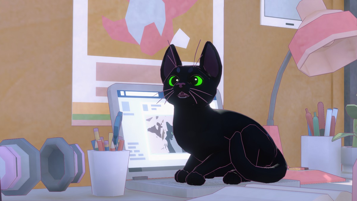 Gatinho sentado em um laptop em Little Kitty, Big City. 