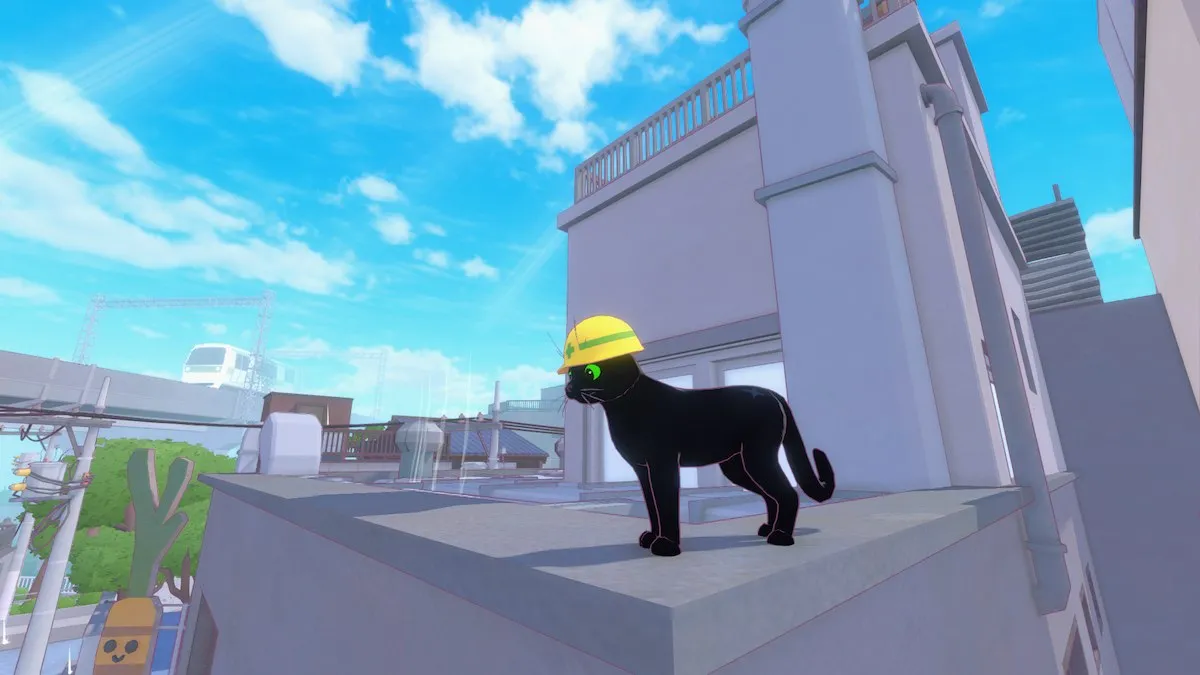 Gatinho no telhado, usando capacete em Little Kitty, Big City.