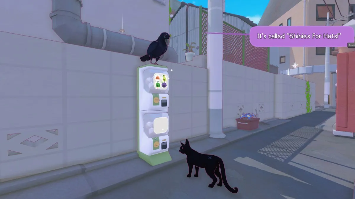 Corvo em uma máquina de gacha em Little Kitty, Big City.