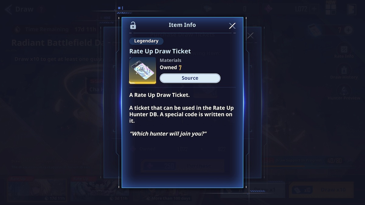 Avalie a tela de informações do ticket de sorteio no Solo Leveling ARISE. 