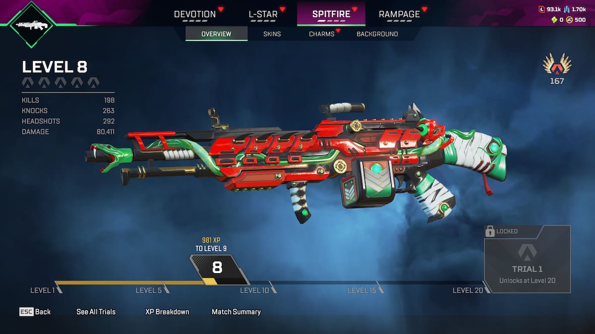 Arma Spitfire na tela do menu do Apex Legends.