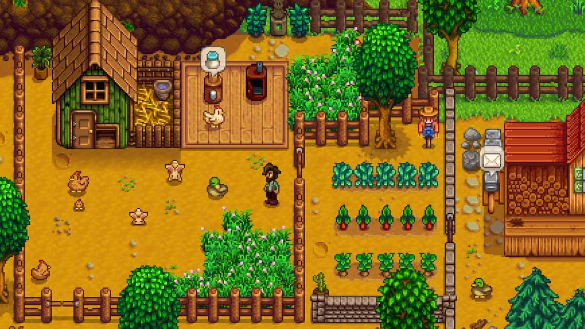 Um fazendeiro de Stardew Valley cuidando de sua fazenda