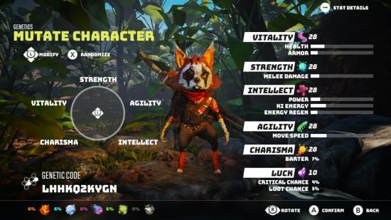 Revisão do Biomutant Switch: uma captura de tela das estatísticas do personagem