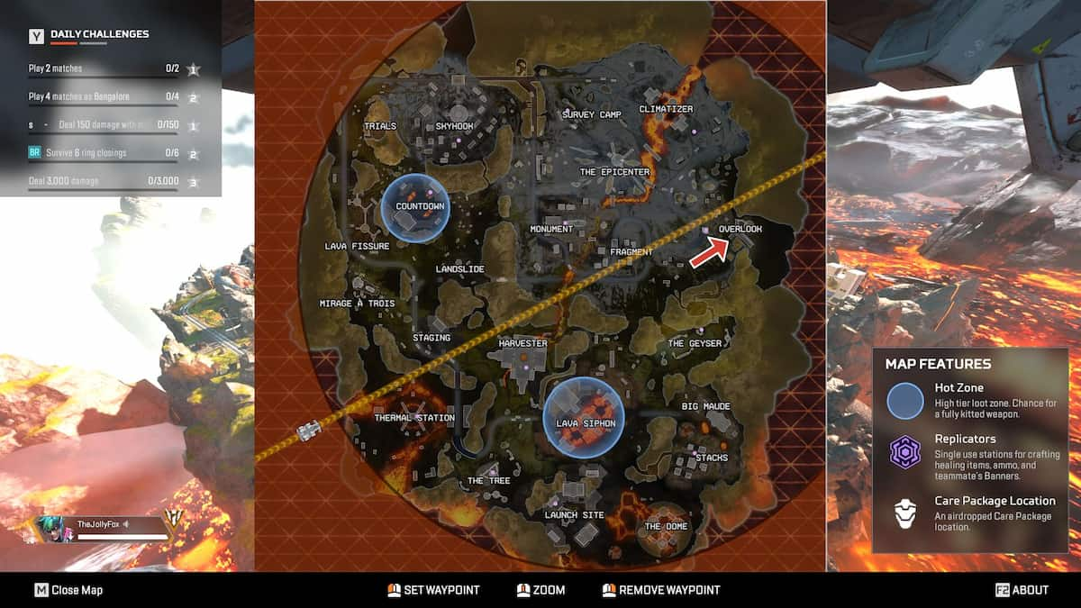 Localização do mapa do Apex Legends World Edge Overlook marcado no mapa.