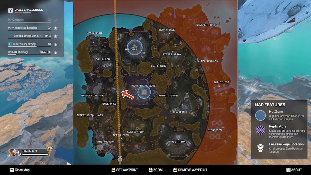 Localização da passagem subterrânea de Broken Moon marcada no mapa em Apex Legends.