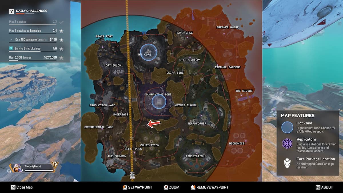 Local de cultivo marcado no mapa Apex Legends.