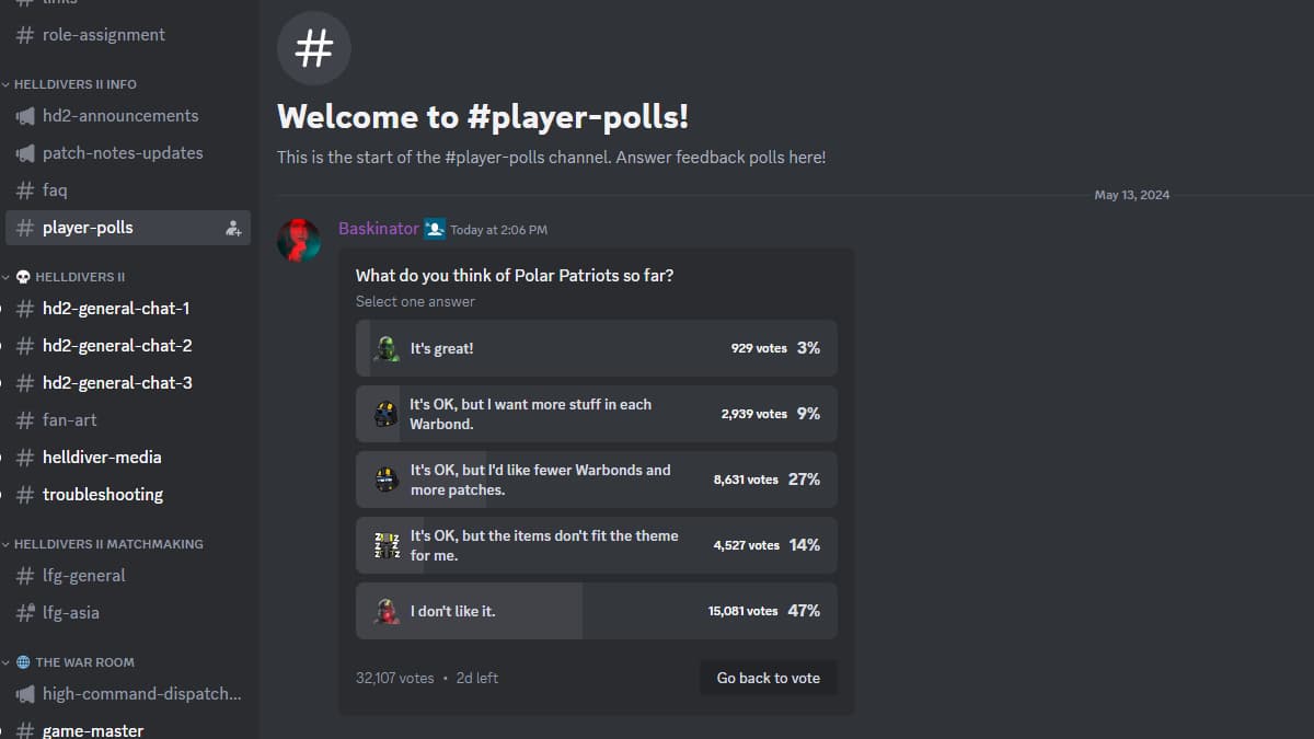 Enquete do Discord para atualização oficial do Helldivers 2.