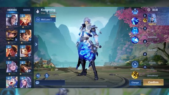 Entrevista Honor of Kings: uma captura de tela do menu e modelo do personagem no jogo de Kongming