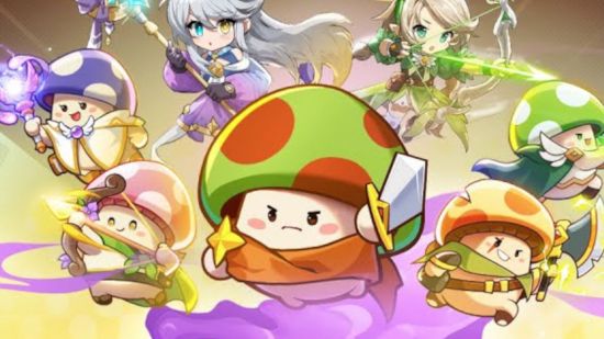 Arte promocional de Legend of Mushroom com o cogumelo principal atacando com sua espada para os melhores jogos Android no guia para PC