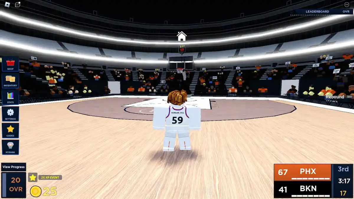 Jogador de basquete em uma quadra no jogo Roblox Basketball Legends