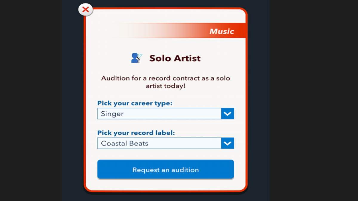 O menu Solo Artist Audition no BitLife