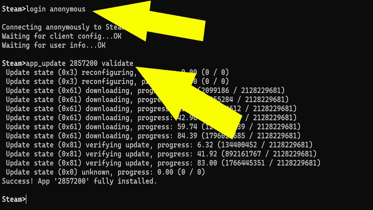 Sequências de comando instalando o Abiotic Factor no SteamCMD. 