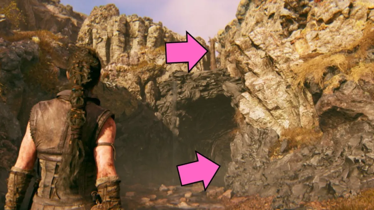 Lorestone e rosto escondido na cachoeira em Hellblade II