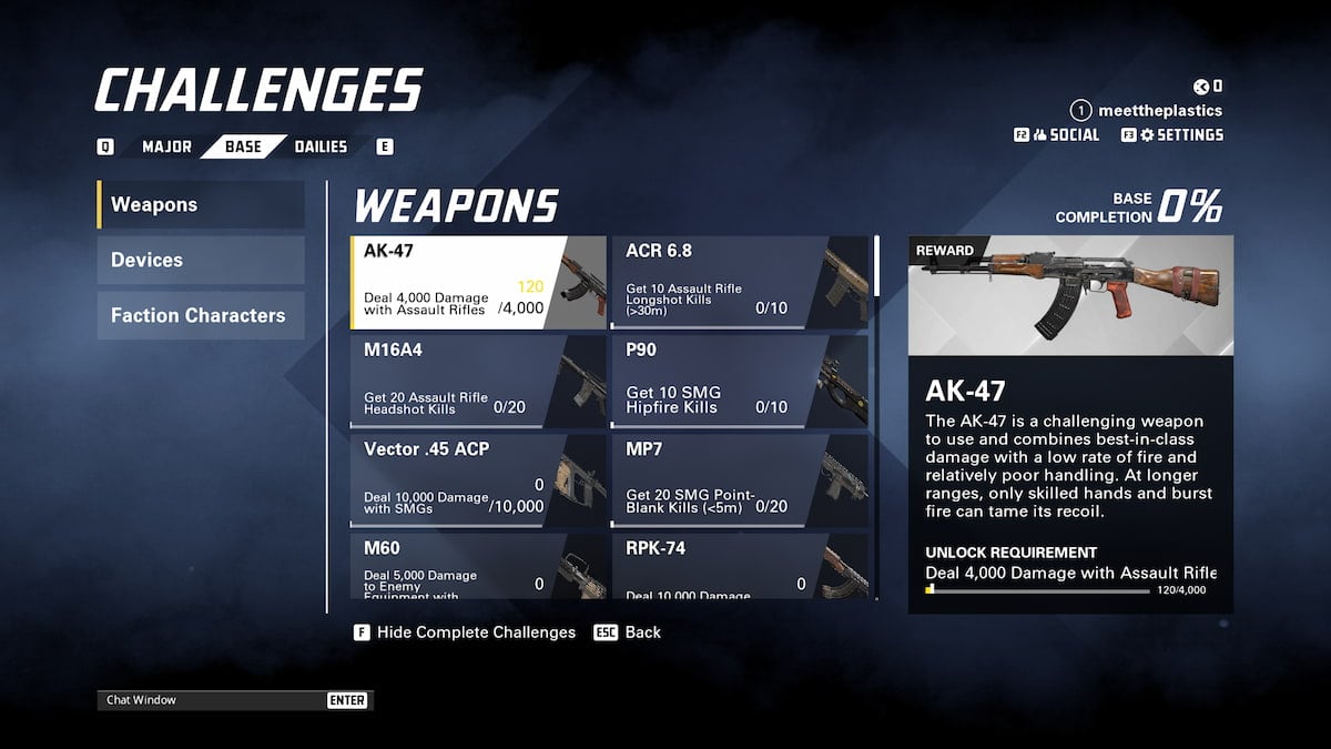 Um menu exibindo vários desafios de armas no XDefiant.